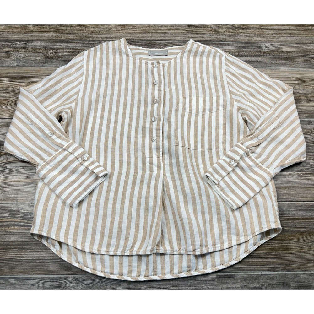 Everlane Women's 8 Linen Coastal Striped Long Sleeve Top Beige/Ivory‎ Minimalist